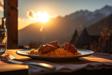 exotic location, with view of the sun setting behind a mountain range, and plate of chicken tikka masala in the foreground, created with generative aiの素材