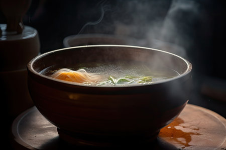 close-up of the rich broth, with steam rising from the hot bowl, created with generative aiの素材