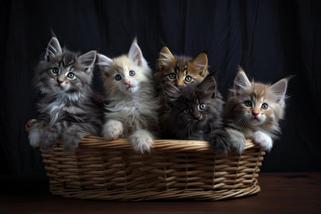 a basket of fluffy kittens, their eyes wide and curious, created with generative aiの素材