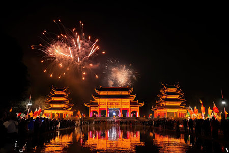 night festival, with lanterns and fireworks illuminating the air, created with generative aiの素材