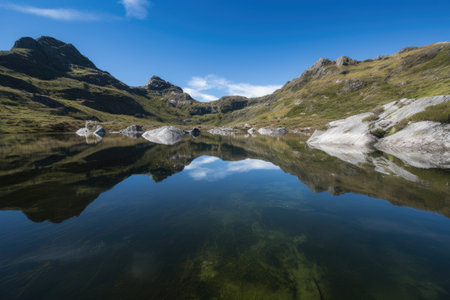 reflection of the crystal-clear lake on the surrounding mountain range, created with generative aiの素材