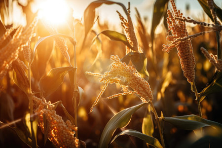 close-up of genetically modified crops, with the sun shining behind, created with generative aiの素材