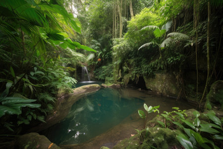 lush jungle with waterfall and pool, ideal for swimming, created with generative aiの素材