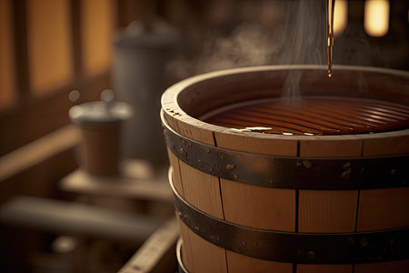 close-up of a wooden evaporator bucket, with the distinct scent of maple syrup in the air, created with generative aiの素材