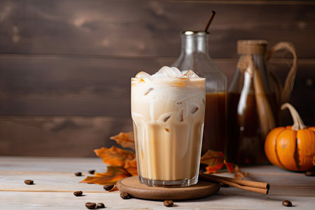 iced coffee latte with swirl of warm cinnamon, perfect for fall, created with generative aiの素材