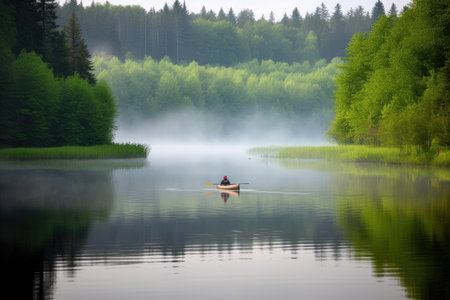 person, paddling their canoe through serene lake landscape, created with generative aiの素材