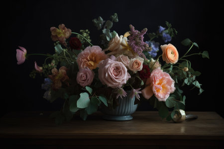 pastel flower arrangement on dark wood table, created with generative aiの素材