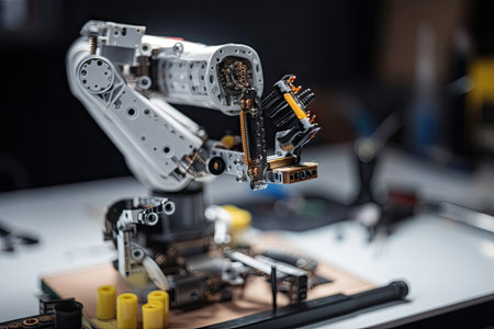 close-up of robot arm, with tools and parts laid out for repair, created with generative aiの素材