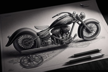 detailed pencil sketch of custom-built motorcycle, with intricate design details and sleek lines, created with generative aiの素材