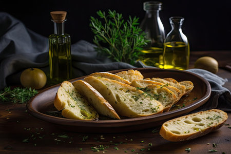 plate of crusty breads, drizzled with olive oil and sprinkled with herbs, created with generative aiの素材