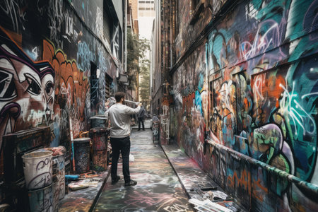 spray can in hand, artist at work on wall of graffiti-filled alleyway, created with generative aiの素材