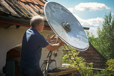 a man, installing a satellite dish on the roof of a house in the countryside, created with generative aiの素材