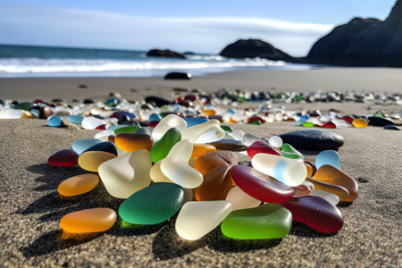 colorful beach glass found on the shoreline, with waves in the background, created with generative aiの素材