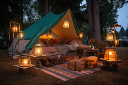 luxurious campsite with plush camping gear, lanterns, and comfortable seating, created with generative aiの素材