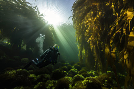 diver swimming through kelp forest, observing schools of fish and other marine life, created with generative aiの素材