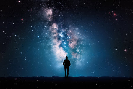 person, gazing at the heart of a galaxy nebula, with stars in the background, created with generative aiの素材