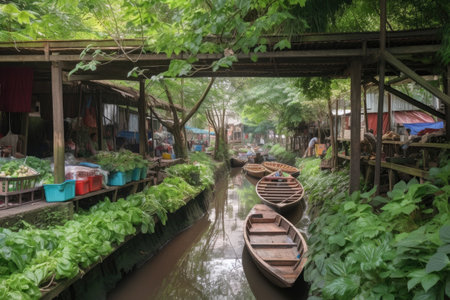 footbridge over creek with wooden market boats, surrounded by greenery, created with generative aiの素材