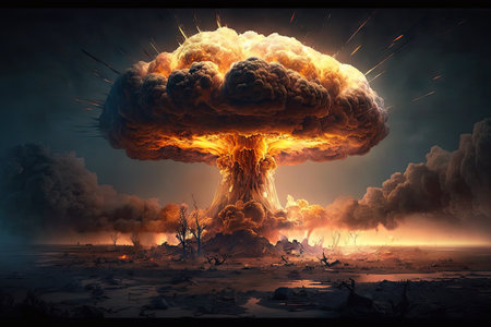 close-up view of mushroom cloud, with debris and flames visible, created with generative aiの素材