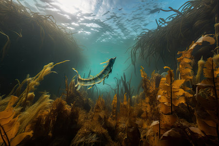 sea dragon swimming through kelp forest, with schools of fish in the background, created with generative aiの素材