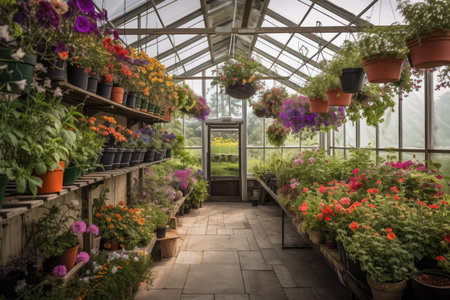 greenhouse with hanging baskets of colorful flowers and herbs, created with generative aiの素材