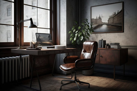 industrial-inspired office, with minimalist desk and sleek lighting, paired with brown leather chair, created with generative aiの素材