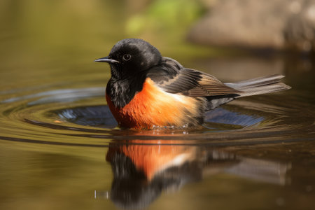 male redstart bird preening its feathers after a bath in the lake, created with generative aiの素材