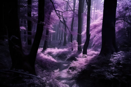 magical dark purple forest with undiscovered secret hiding place, created with generative aiの素材