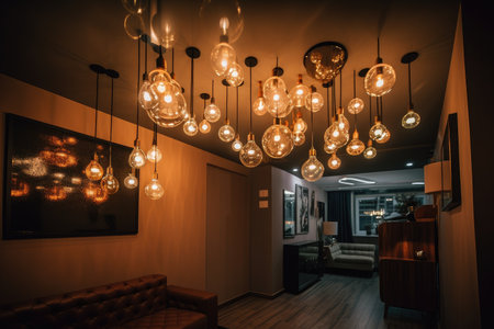 a room with the ceiling lights and lamps in different styles, creating a unique atmosphere, created with generative aiの素材