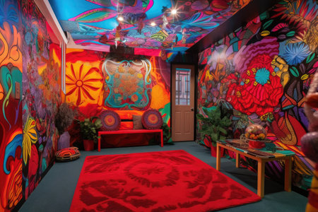 room decorated with vibrant and psychedelic patterns inspired by hallucinogenic plants, created with generative aiの素材