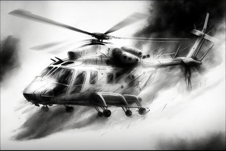 helicopter design pencil sketch of sleek and modern helicopter, with abstract flames in the background, created with generative aiの素材