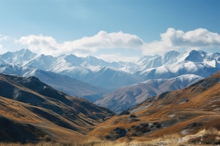 majestic mountain landscape with snow-capped peaks in the distance, created with generative aiの素材