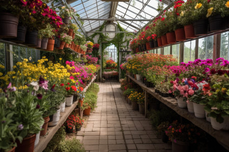 greenhouse filled with vibrant blooms of flowers and foliage, created with generative aiの素材