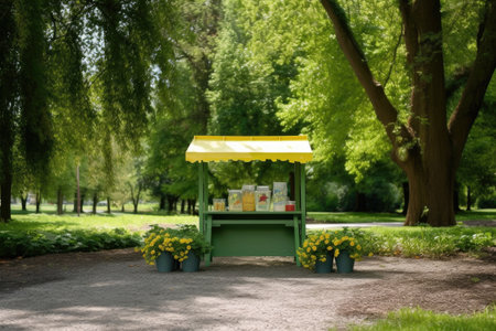 lemonade stand surrounded by lush greenery of a park, created with generative aiの素材