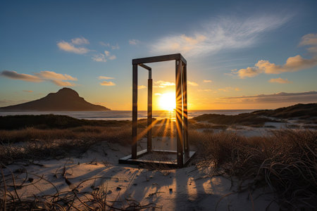 metal detector frame with view of a beautiful sunrise, surrounded by blue skies, created with generative aiの素材