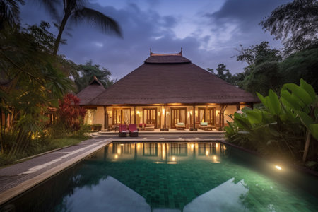 luxurious villa, surrounded by beautiful greenery and exotic wildlife, created with generative aiの素材