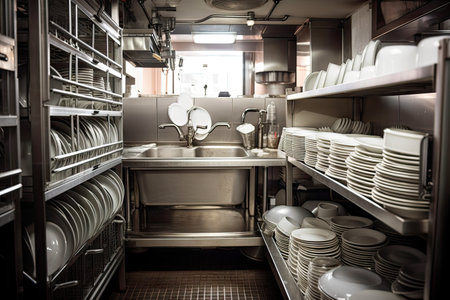 dishwasher with full load of dishes ready to be cleaned in industrial kitchen, created with generative aiの素材