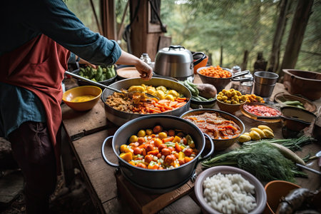 person, cooking healthy meal with ingredients from local farm stand, created with generative aiの素材