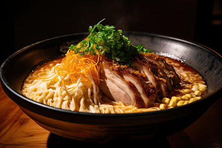 close-up of rich and creamy bowl of ramen, with delicate pork broth, slow-cooked noodles, and layers of flavor, created with generative aiの素材