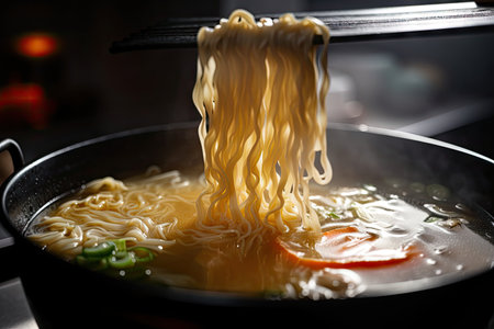close-up of piping hot ramen, with steam rising from the broth and noodles, created with generative aiの素材