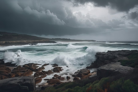 storm clouds hovering above stormy coast, with waves crashing against the rocks, created with generative aiの素材