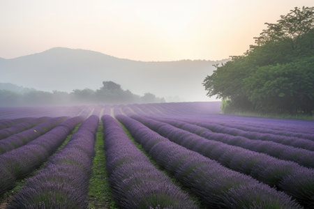 lavender field in the misty morning light, created with generative aiの素材