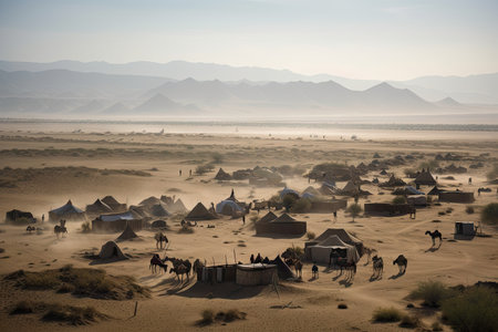view of desert landscape, with camels and tribal tents in the distance, created with generative aiの素材