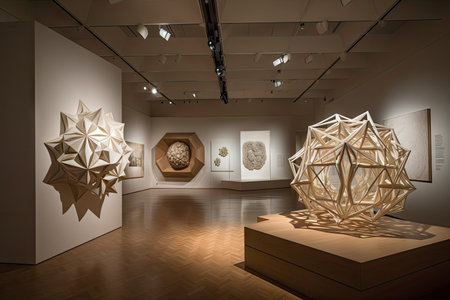 a modern art gallery, featuring kinetic and interactive geometric artworks, created with generative aiの素材