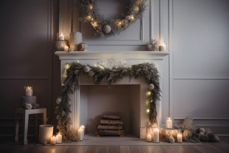 a beautifully decorated fireplace surrounded with delicate ornaments, twinkling lights and a wreath, created with generative aiの素材