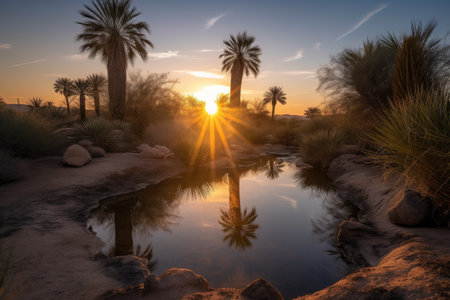 sunset, with the sun setting over a desert oasis, casting golden rays of light, created with generative aiの素材