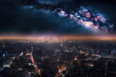 cityscape, with view of nebula and starfields in the background, created with generative aiの素材