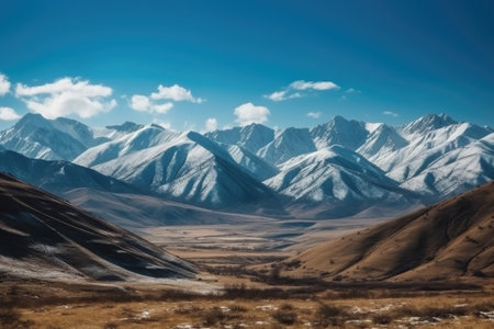 majestic mountain range with snow-capped peaks and blue skies, created with generative aiの素材
