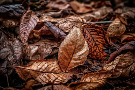 a pile of fallen leaves, shot in macro, with intricate details visible, created with generative aiの素材
