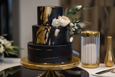 sleek, modern cake with glossy black frosting and gold accents, created with generative aiの素材