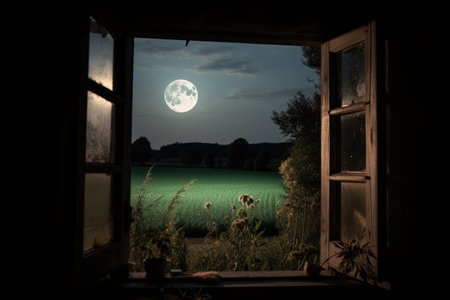 view from a window, with moon shining down on the harvest moon nights, created with generative aiの素材